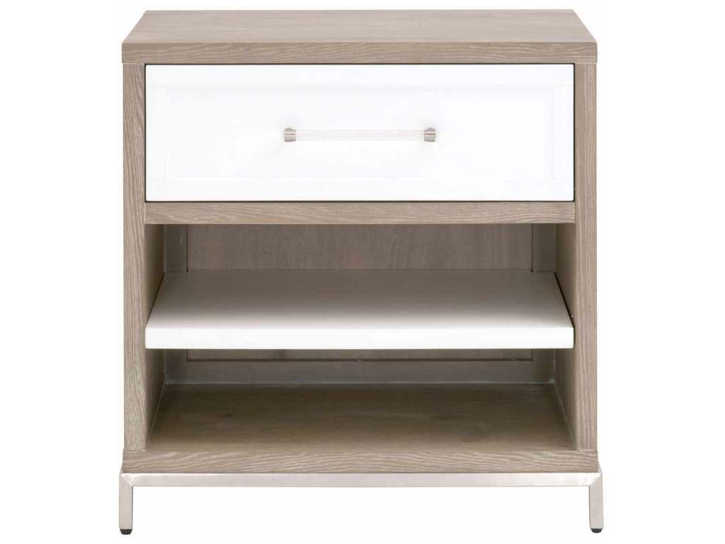 Essentials For Living 6139.NG/WHT-BSTL  Wrenn 1 Drawer Nightstand in Natural Gray Acacia Matte White Brushed Stainless Steel