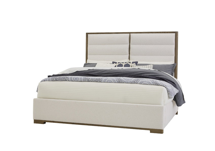 Vaughan Bassett 793-551A-155A-822A Crafted Oak Erin’s Queen Upholstered Bed White Fabric Aged Gray Finish