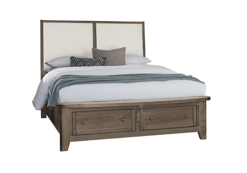 Vaughan Bassett 820-551-051-050B-502-555 Woodbridge Queen Upholstered Bed with Storage White Fabric Dark Cashmere Finish