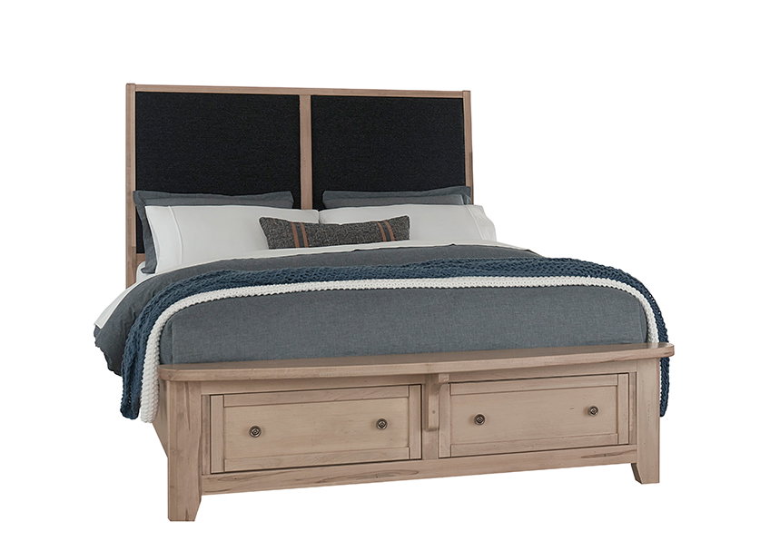 Vaughan Bassett 822-551-053-050B-502-555 Woodbridge Queen Upholstered Bed with Storage Black Fabric Clear Maple Finish