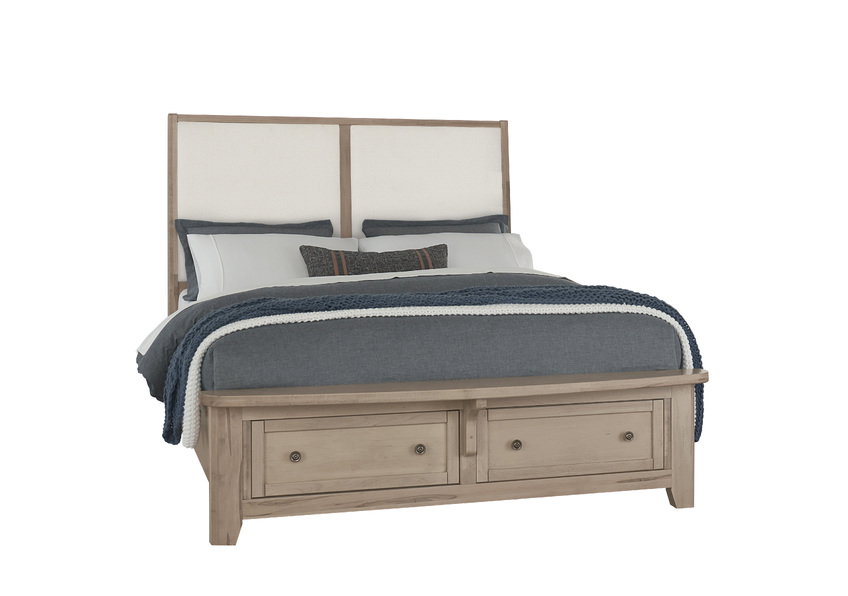 Vaughan Bassett 822-551-051-050B-502-555 Woodbridge Queen Upholstered Bed with Storage White Fabric Clear Maple Finish Vaughan Bassett 822-551-051-050B-502-555 Woodbridge Queen Upholstered Bed with Storage White Fabric Clear Maple Finish