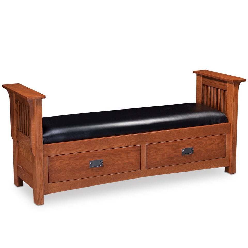Simply Amish SCPMS-01C2-L Prairie Mission 2-Drawer Paneled Slat Santa Fe Bench w/ Leather Cushion Seat