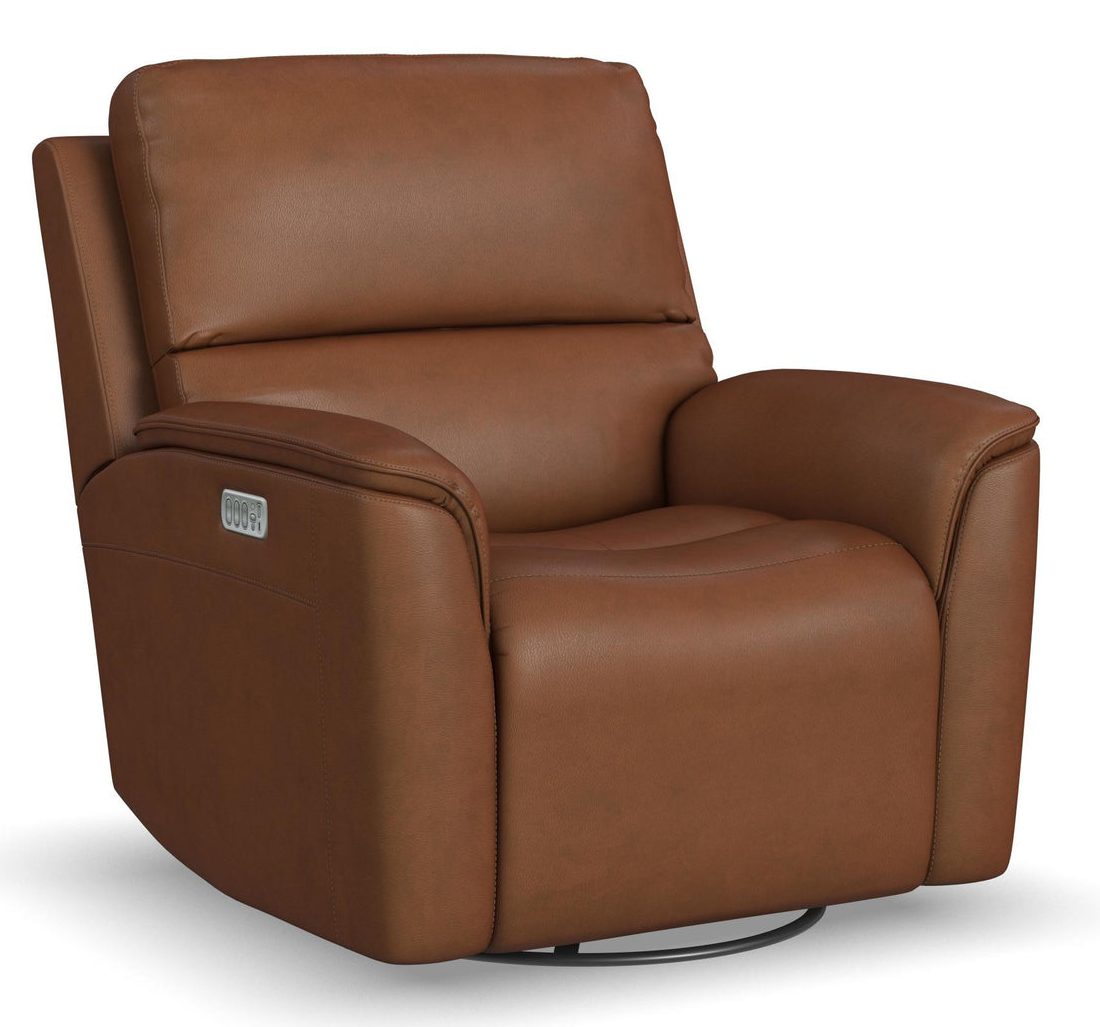 Flexsteel Furniture 1041-53P5-94672 Henry Caramel Leather Power Swivel Gliding Recliner with Power Headrest, Lumbar, Heat and Massage