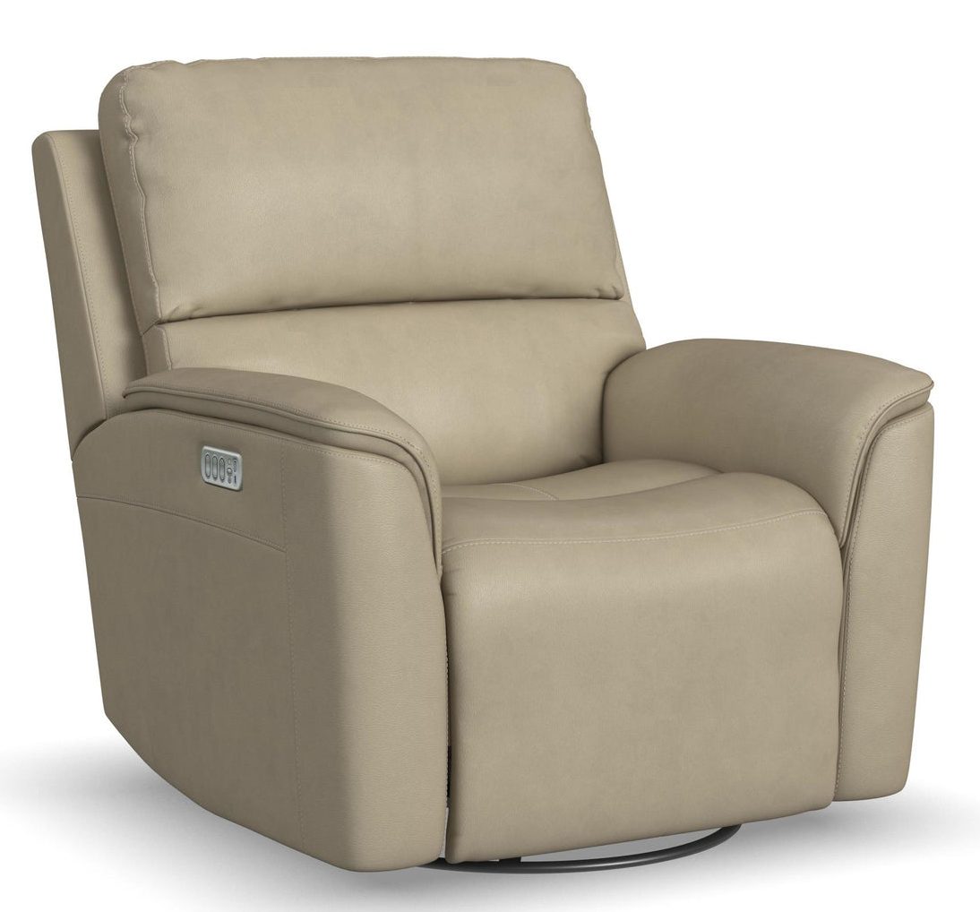 Flexsteel Furniture 1041-53P5-94680 Henry Beige Leather Power Swivel Gliding Recliner with Power Headrest, Lumbar, Heat and Massage