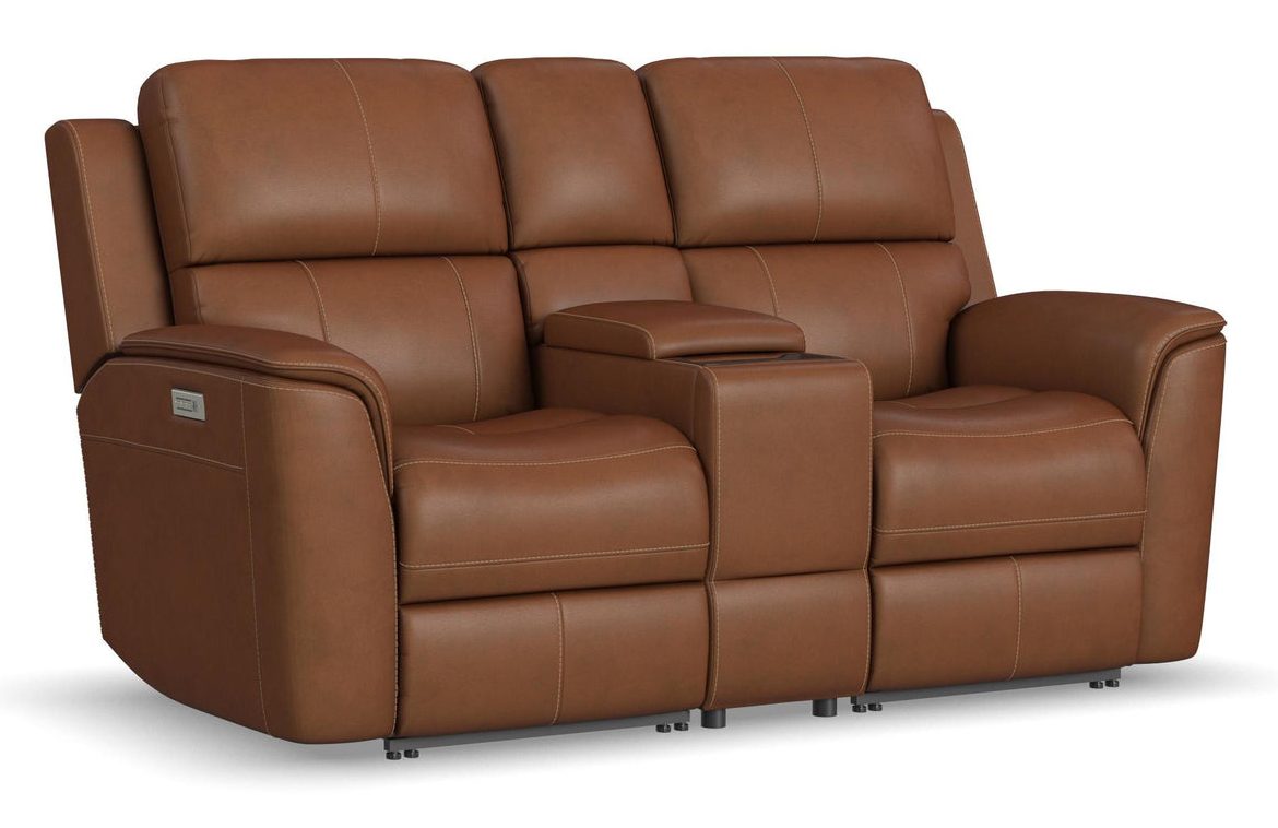 Flexsteel Furniture 1041-64PH-94672 Henry Caramel Leather Power Reclining Loveseat with Console and Power Headrests and Lumbar
