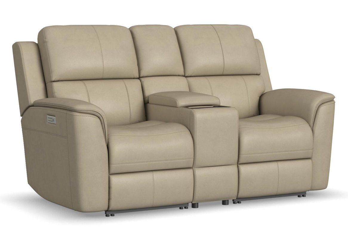 Flexsteel Furniture 1041-64PH-94680 Henry Beige Leather Power Reclining Loveseat with Console and Power Headrests and Lumbar
