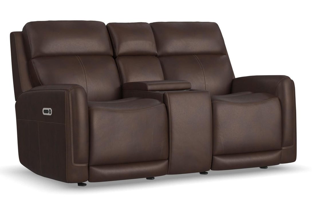 Flexsteel Furniture 1158-64GL-94671 Alister Burnt Umber Leather Power Gliding Loveseat with Console, Power Headrests and Lumbar