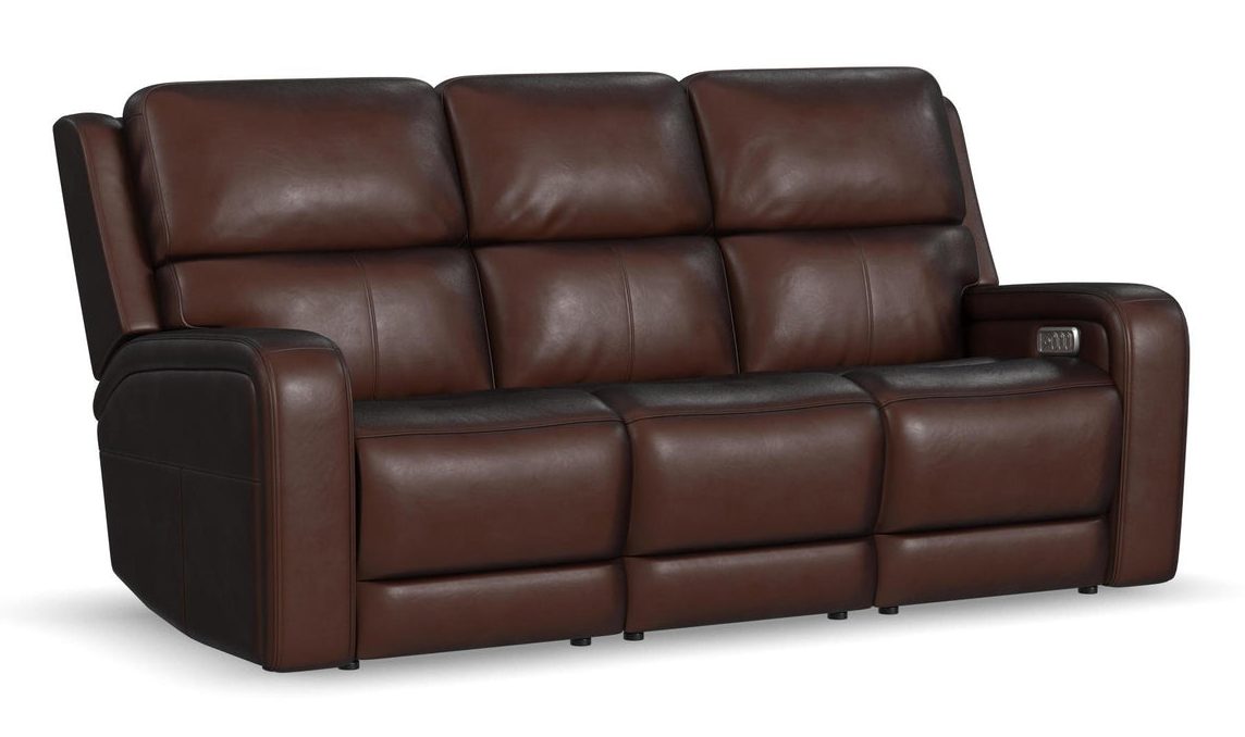 Flexsteel Furniture 1750-62P5-70570 Oasis Truffle Leather Power Reclining Sofa with Power Headrests, Lumbar, Heat and Massage