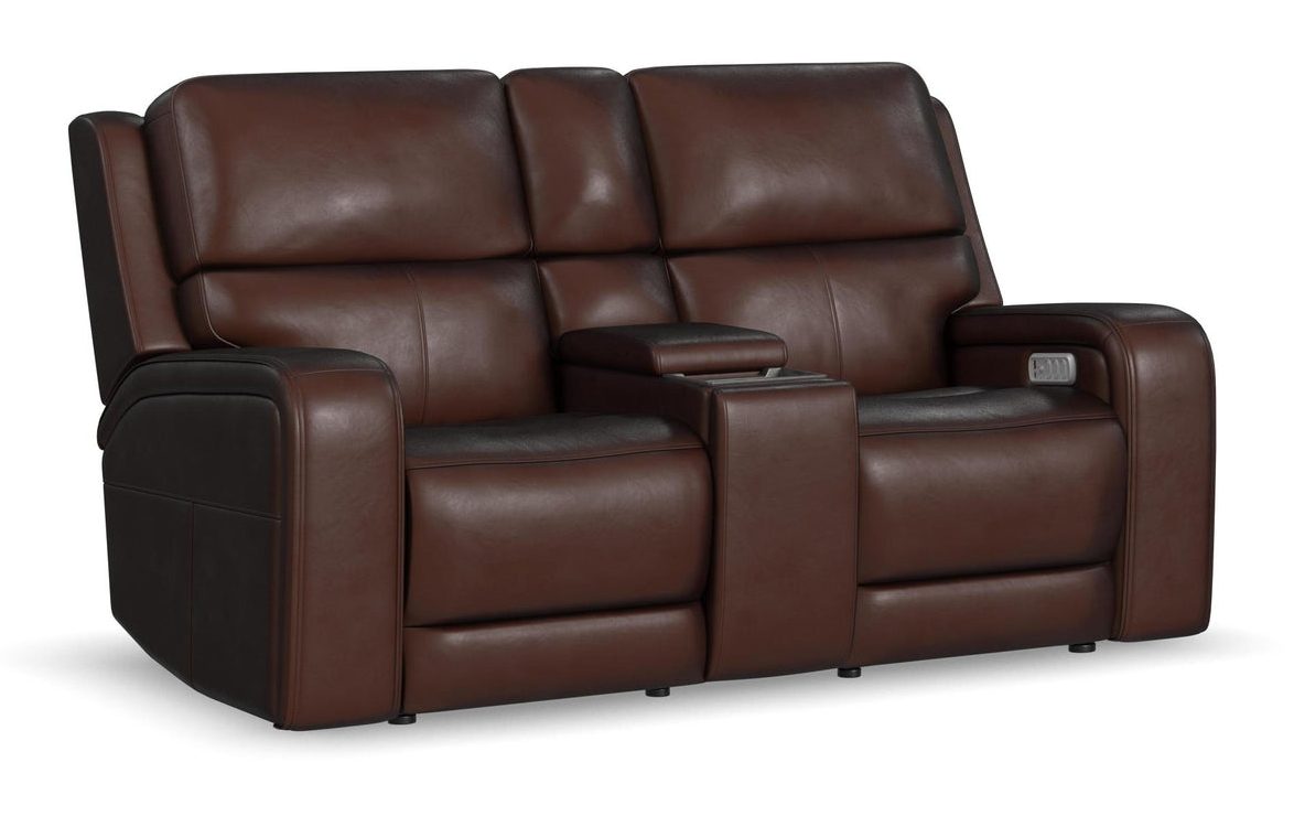 Flexsteel Furniture 1750-64P5-70570 Oasis Truffle Leather Power Reclining Loveseat with Console, Power Headrests, Lumbar, Heat and Massage