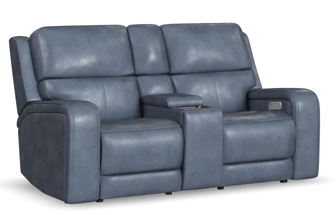 Flexsteel Furniture 1750-64P5-73440 Oasis Storm Leather Power Reclining Loveseat with Console, Power Headrests, Lumbar, Heat and Massage