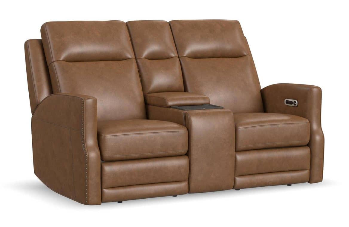 Flexsteel 1585-64PH-68572 Maxwell Cedar Leather Power Reclining Loveseat with Console, Power Headrests and Lumbar