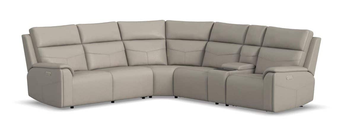 Flexsteel 1592-SECTP5-38601 Vernon Dove Grey Fabric Power Reclining Sectional with Power Headrest, Lumbar, Heat, & Massage