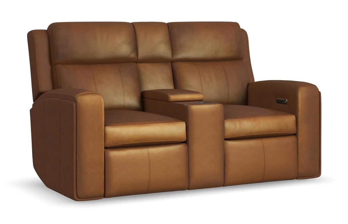 Flexsteel 1596-64PH-70572 Wyatt Leather Power Reclining Loveseat with Console & Power Headrests & Lumbar
