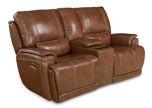Bassett Club Level 3749-PC42U Burlington Leather Power Reclining Loveseat with Center – Burlington Umber