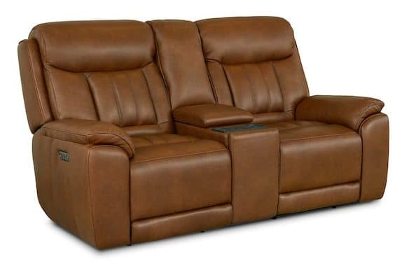 Bassett Club Level 3762-PC42TC Benson Leather Power Reclining Loveseat with Center Console - Benson Tuscan Cafe