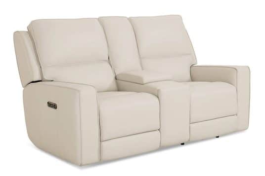 Bassett Club Level 3795-PC42V Raymond Leather Power Reclining Loveseat with Center Console – Raymond Vanilla